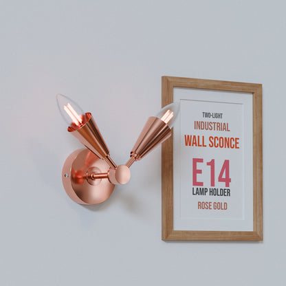 Twin E14 Wall Sconce with 90° Arms & C35 LED Bulbs – 6 Finishes - Rose Gold, No Shade, C35 LED Bulb 4W