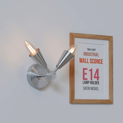 Twin E14 Wall Sconce with 90° Arms & C35 LED Bulbs – 6 Finishes - Satin Nickel, No Shade, C35 LED Bulb 4W