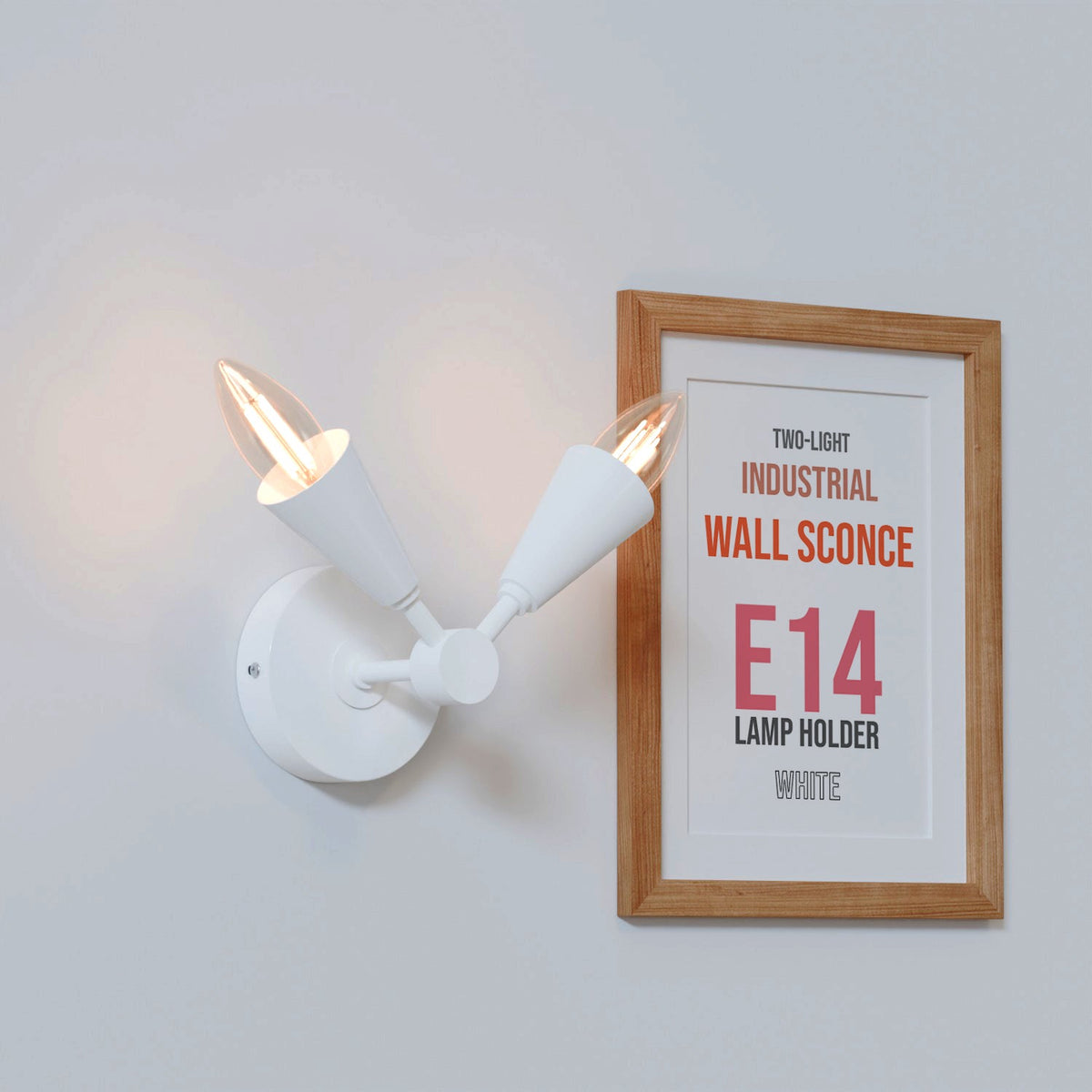 Twin E14 Wall Sconce with 90° Arms & C35 LED Bulbs – 6 Finishes - White, No Shade, C35 LED Bulb 4W