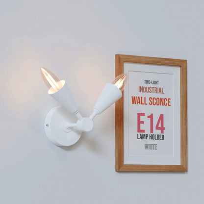 Twin E14 Wall Sconce with 90° Arms & C35 LED Bulbs – 6 Finishes - White, No Shade, C35 LED Bulb 4W