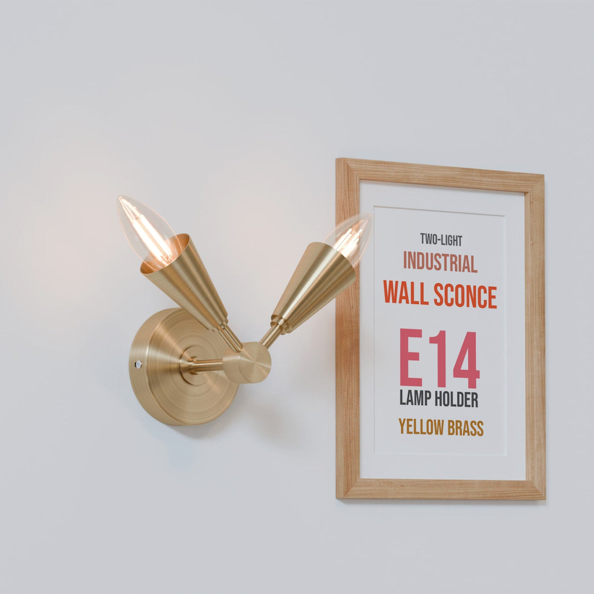 Twin E14 Wall Sconce with 90° Arms & C35 LED Bulbs – 6 Finishes - Yellow Brass, No Shade, C35 LED Bulb 4W