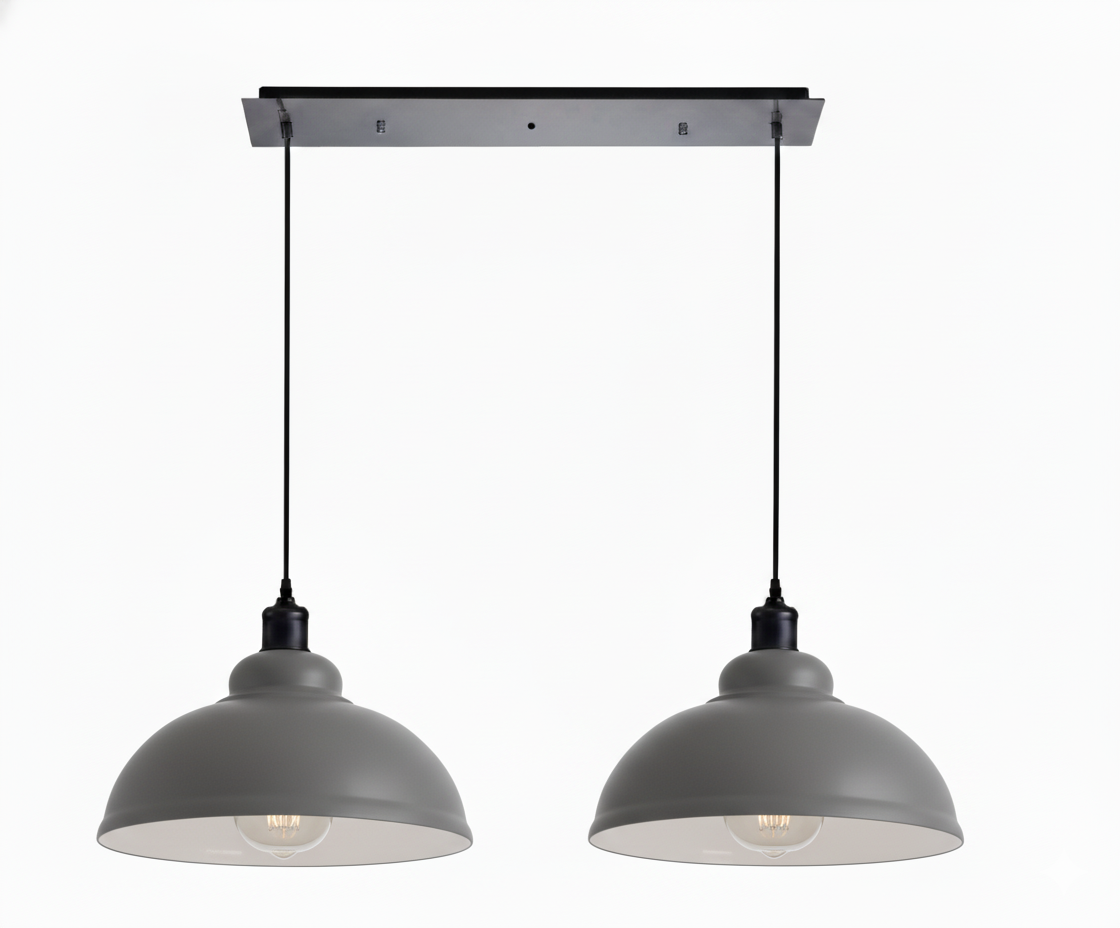 2-Light Dome Pendant on Ceiling Bar – 5 Colours, E27 - Black, Dome 29 cm Grey, Ceiling Bar, Without Bulb