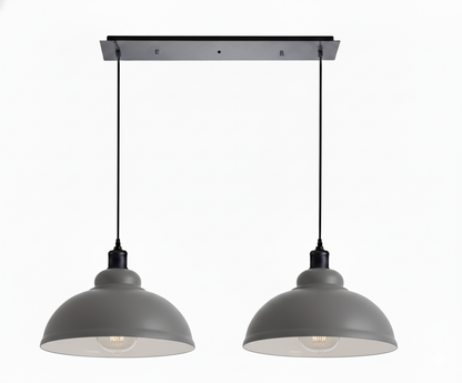 2-Light Dome Pendant on Ceiling Bar – 5 Colours, E27 - Black, Dome 29 cm Grey, Ceiling Bar, Without Bulb