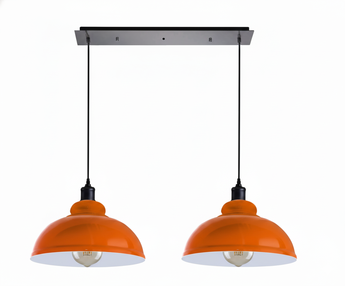 2-Light Dome Pendant on Ceiling Bar – 5 Colours, E27 - Black, Dome 29 cm Orange, Ceiling Bar, Without Bulb