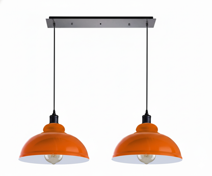 2-Light Dome Pendant on Ceiling Bar – 5 Colours, E27 - Black, Dome 29 cm Orange, Ceiling Bar, Without Bulb