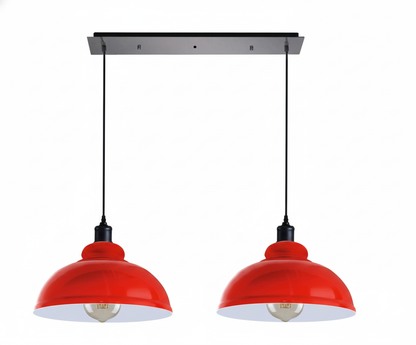 2-Light Dome Pendant on Ceiling Bar – 5 Colours, E27 - Black, Dome 29 cm Red, Ceiling Bar, Without Bulb