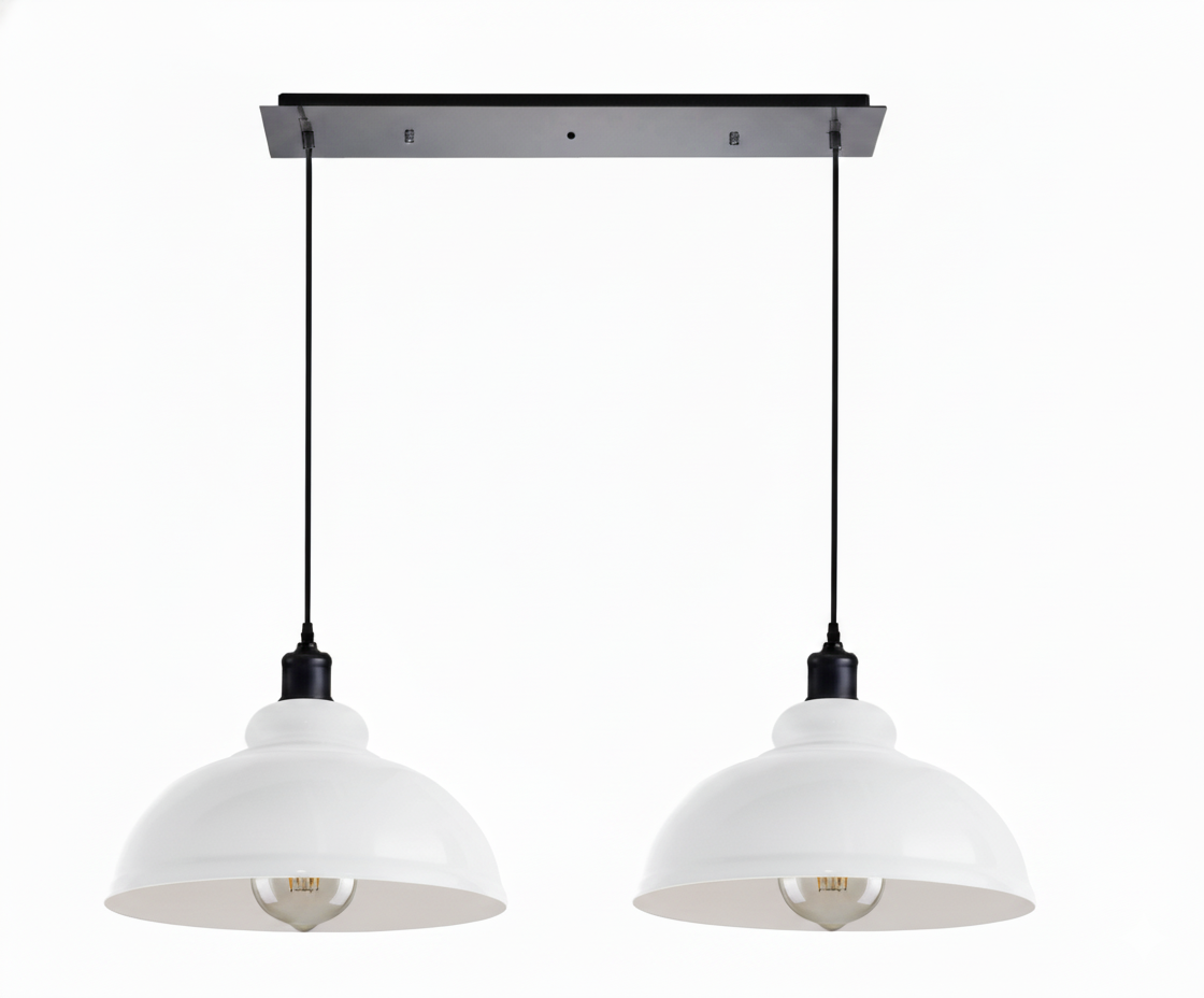 2-Light Dome Pendant on Ceiling Bar – 5 Colours, E27 - Black, Dome 29 cm White, Ceiling Bar, Without Bulb