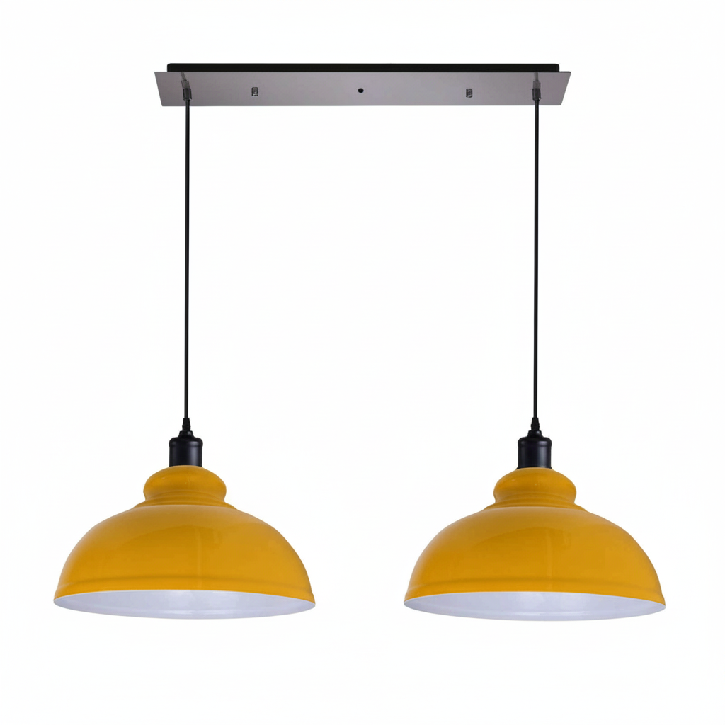 2-Light Dome Pendant on Ceiling Bar – 5 Colours, E27 - Black, Dome 29 cm Yellow, Ceiling Bar, Without Bulb