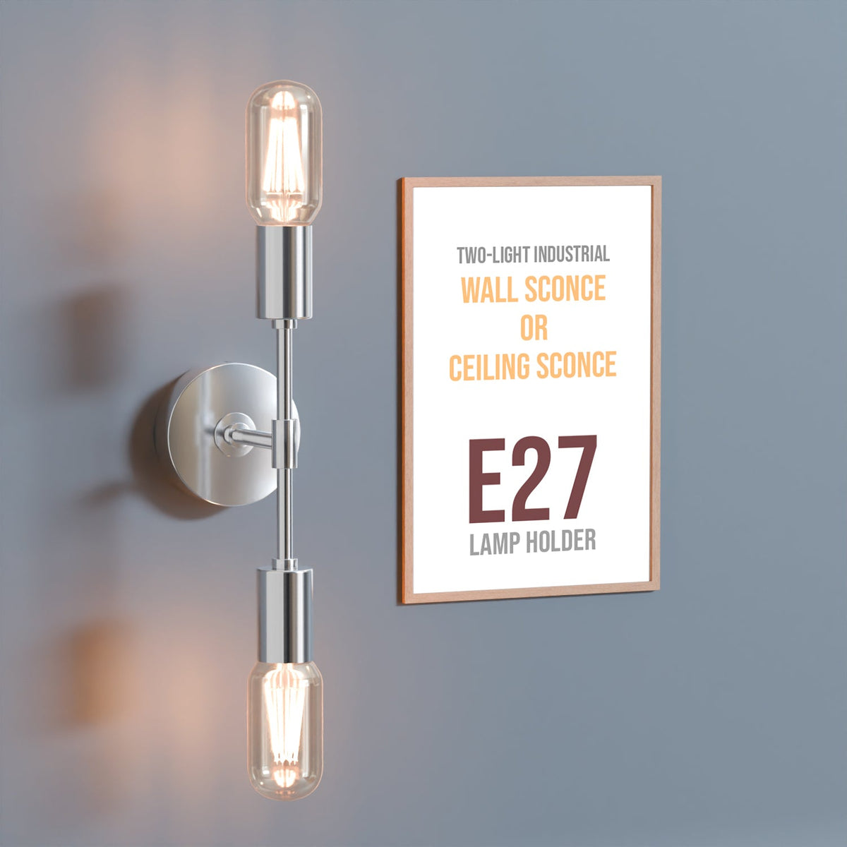Twin E27 Wall & Ceiling Sconce – Chrome, Rose Gold, Satin Nickel, Brass - Chrome, No Shade, Without Bulb