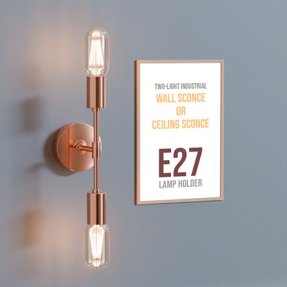 Twin E27 Wall & Ceiling Sconce – Chrome, Rose Gold, Satin Nickel, Brass - Rose Gold, No Shade, T45 LED Bulb 4W