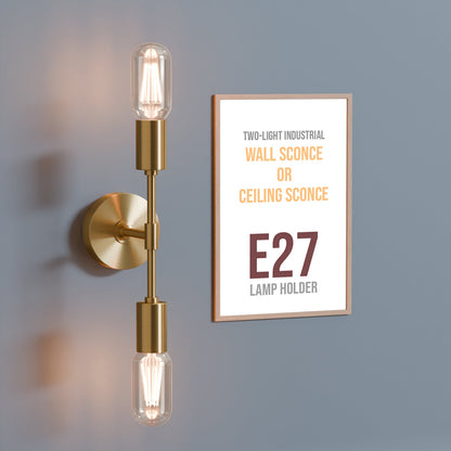 Twin E27 Wall & Ceiling Sconce – Chrome, Rose Gold, Satin Nickel, Brass - Yellow Brass, No Shade, T45 LED Bulb 4W