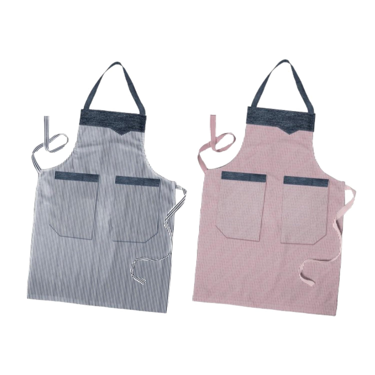 Cotton Bib Aprons, Pack of 2 – Stripes, Bonjour or Novelty Prints - Double Pocket: Black & White + Red & White Stripe