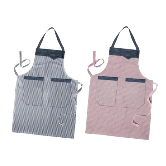 Cotton Bib Aprons, Pack of 2 – Stripes, Bonjour or Novelty Prints - Double Pocket: Black & White + Red & White Stripe
