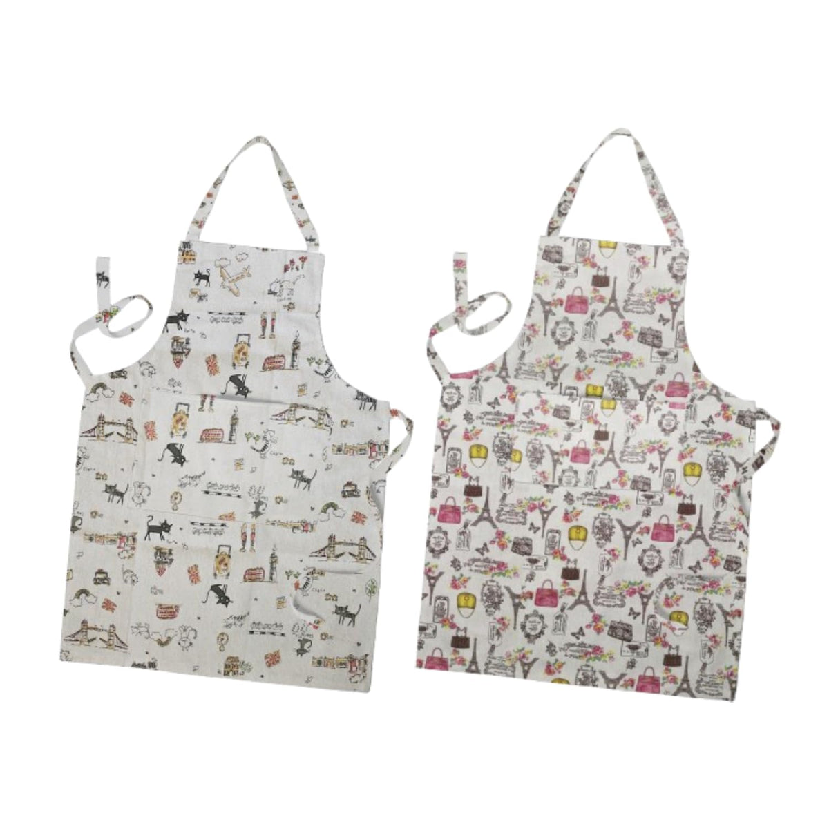 Cotton Bib Aprons, Pack of 2 – Stripes, Bonjour or Novelty Prints - London Cats Print + Paris Print