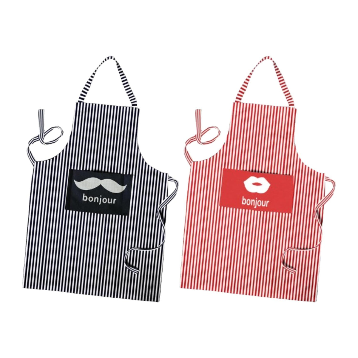 Cotton Bib Aprons, Pack of 2 – Stripes, Bonjour or Novelty Prints - Bonjour Black Stripe + Bonjour Red Stripe