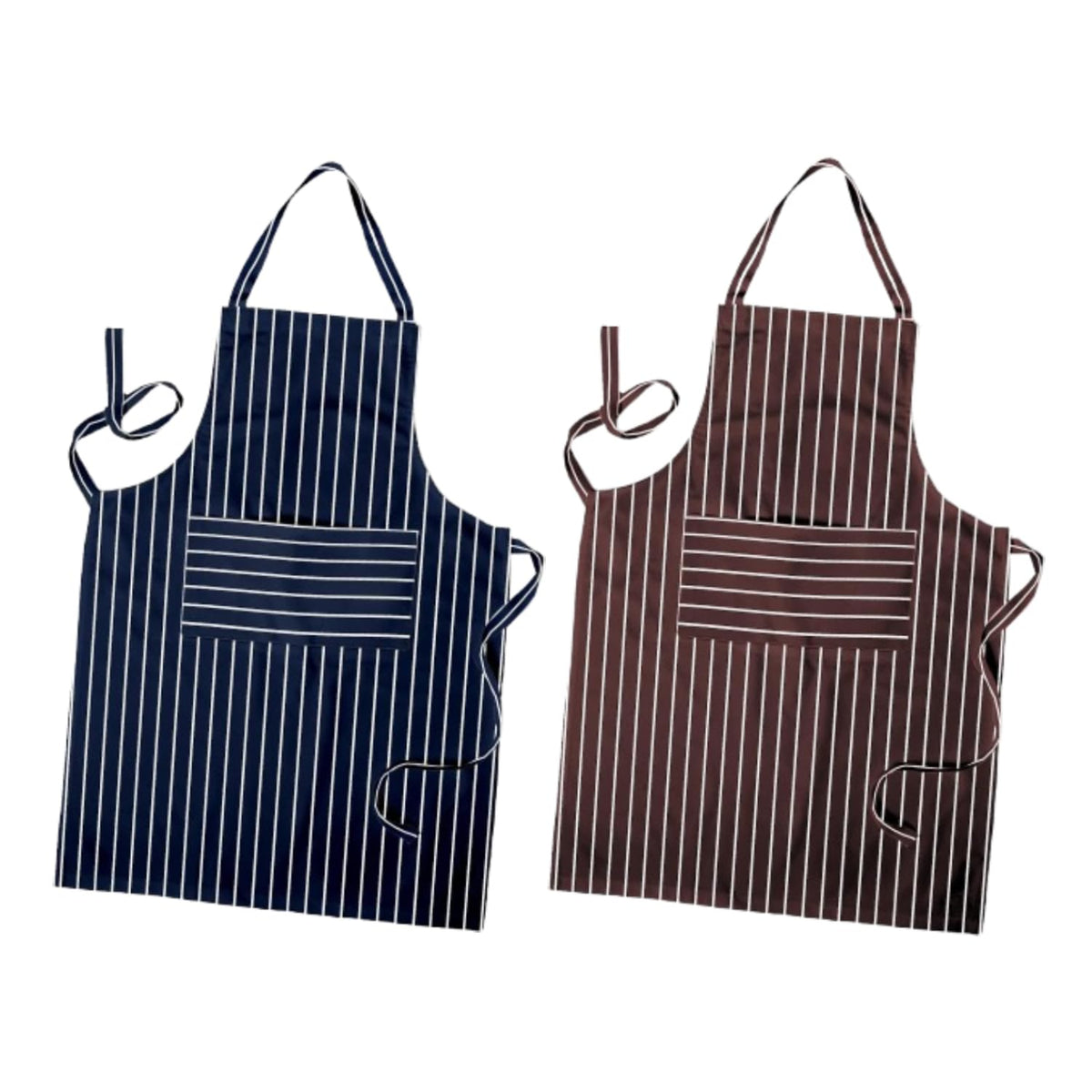 Cotton Bib Aprons, Pack of 2 – Stripes, Bonjour or Novelty Prints - Navy Pinstripe + Brown Pinstripe
