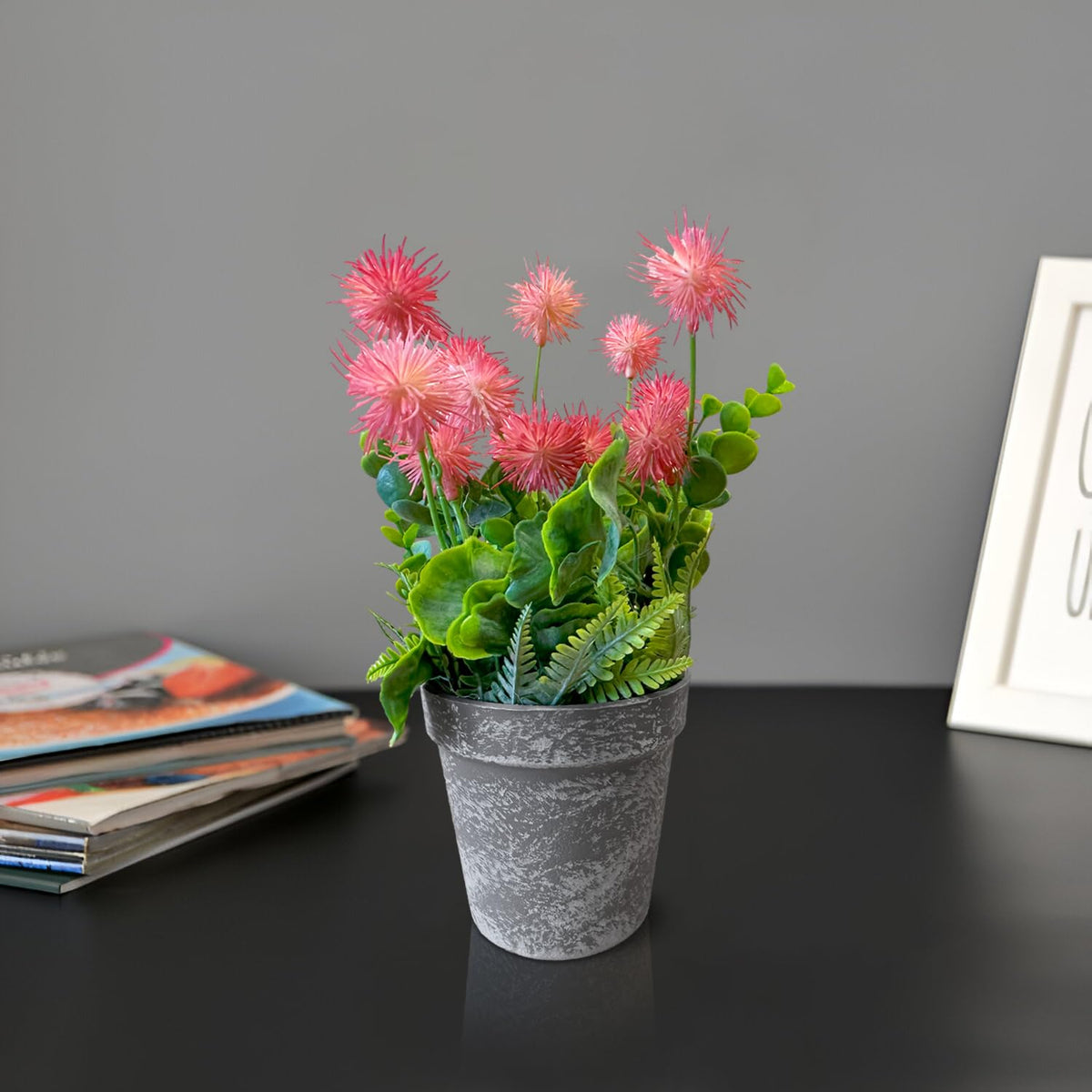 Artificial Pom-Pom Flowers in Grey Pots – Pack of 2, 3 or 4, Assorted Colours - photo 3
