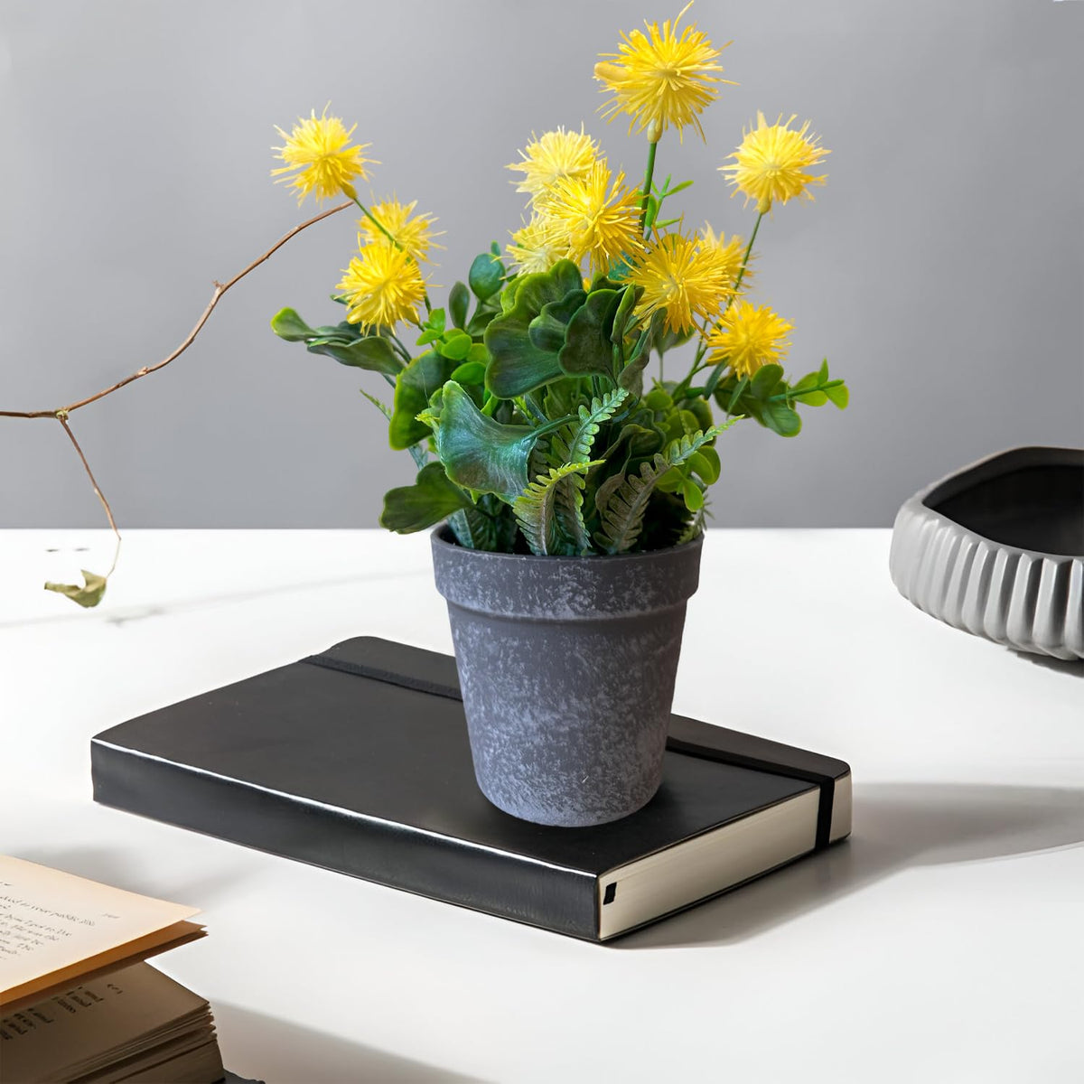 Artificial Pom-Pom Flowers in Grey Pots – Pack of 2, 3 or 4, Assorted Colours - photo 4