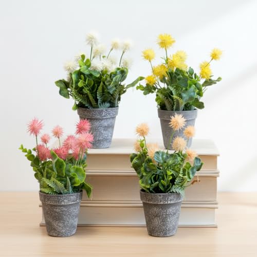 Artificial Pom-Pom Flowers in Grey Pots – Pack of 2, 3 or 4, Assorted Colours - photo 7