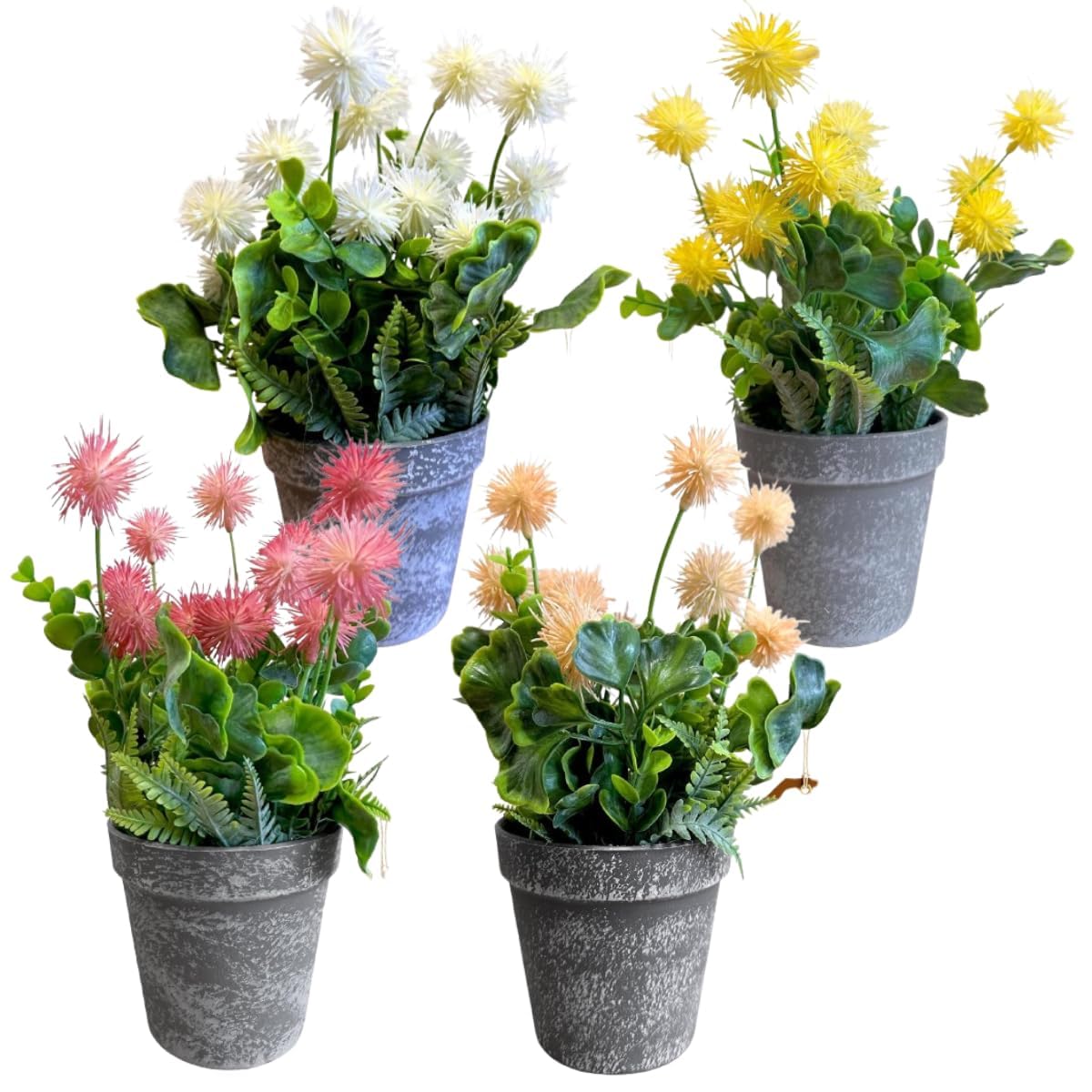 Artificial Pom-Pom Flowers in Grey Pots – Pack of 2, 3 or 4, Assorted Colours - Pack of 4