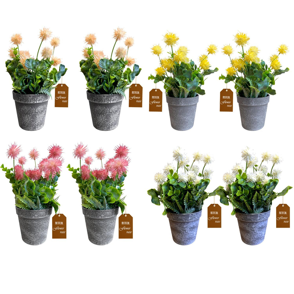 Artificial Pom-Pom Flowers in Grey Pots – Pack of 2, 3 or 4, Assorted Colours - photo 2