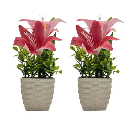 Artificial Lilies in Stone-Effect Pots – Set of 2, 27 cm, 4 Colour Choices - Pink