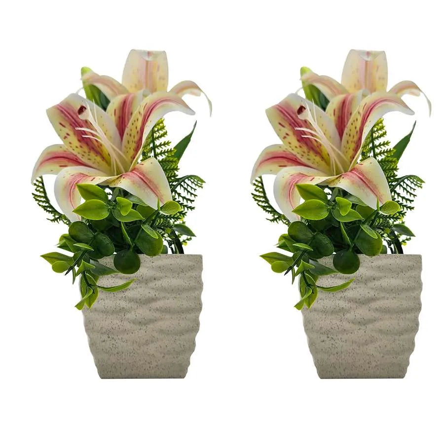 Artificial Lilies in Stone-Effect Pots – Set of 2, 27 cm, 4 Colour Choices - Cream & Pink