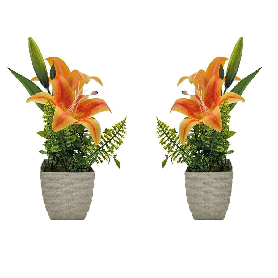 Artificial Lilies in Stone-Effect Pots – Set of 2, 27 cm, 4 Colour Choices - Orange