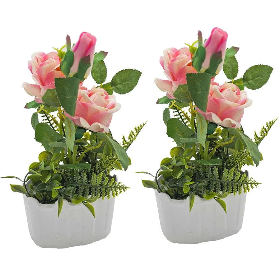 Artificial Roses in White Pots – Set of 2, 28 cm, Burgundy, Red, White or Pink - Baby Pink