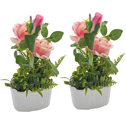 Artificial Roses in White Pots – Set of 2, 28 cm, Burgundy, Red, White or Pink - Baby Pink