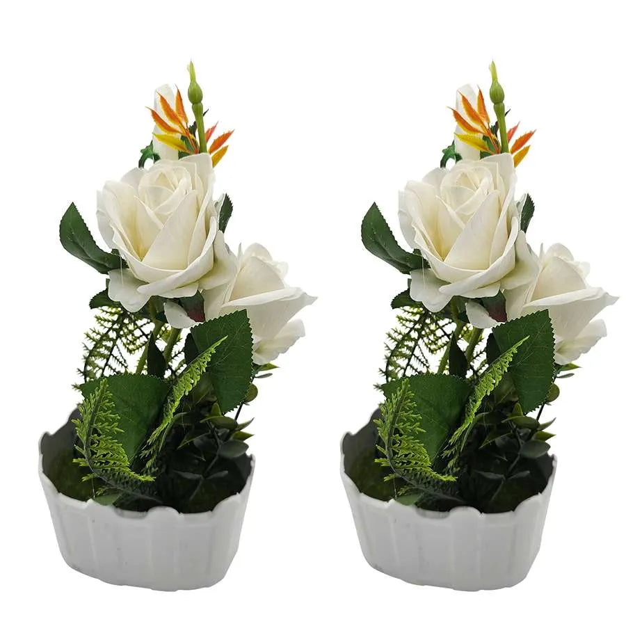 Artificial Roses in White Pots – Set of 2, 28 cm, Burgundy, Red, White or Pink - White