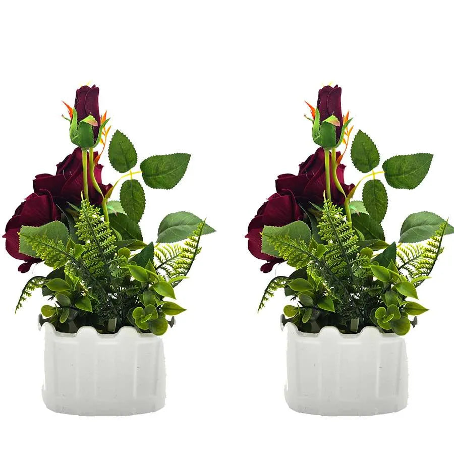 Artificial Roses in White Pots – Set of 2, 28 cm, Burgundy, Red, White or Pink - Burgundy