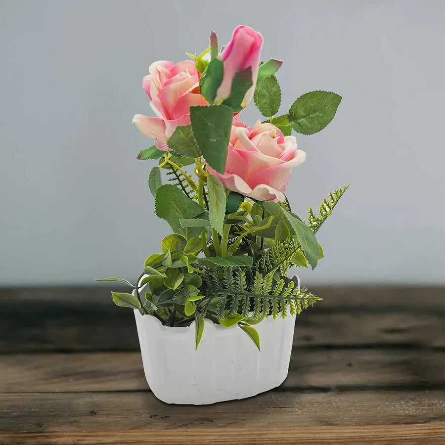 Artificial Roses in White Pots – Set of 2, 28 cm, Burgundy, Red, White or Pink