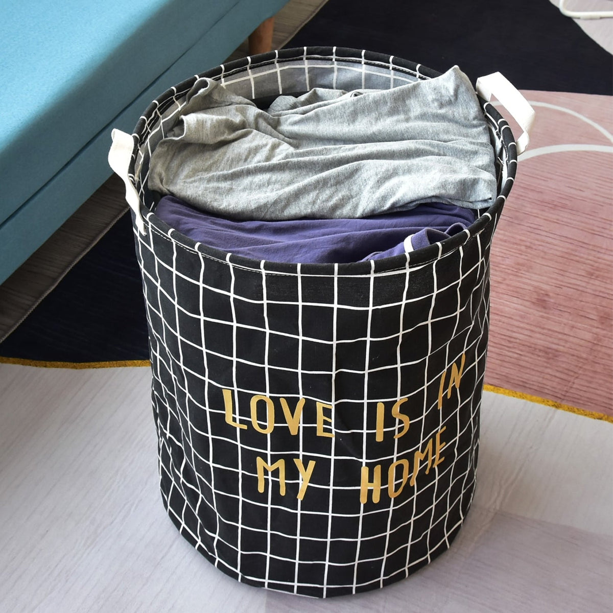 Grid Print Laundry Baskets, Pack of 2 – 'Love Is in My Home', Black or White - photo 4