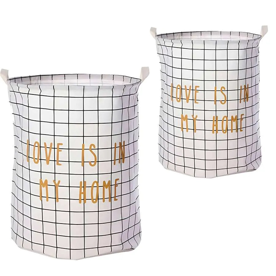 Grid Print Laundry Baskets, Pack of 2 – 'Love Is in My Home', Black or White - White