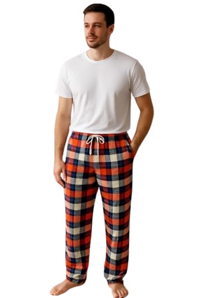 Men's Flannel Pyjama Bottoms, Pack of 2 – Orange & Navy and Grey Plaid, XL