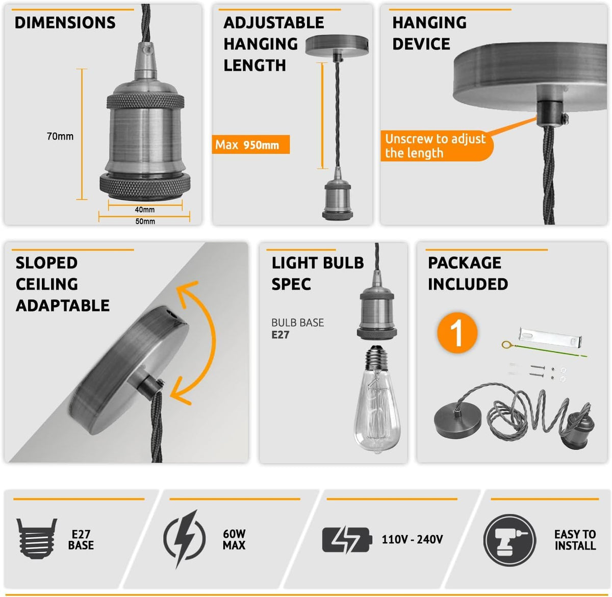Black E27 Pendant Light Set – 1m Twisted Cable, Matt or Shiny - photo 7