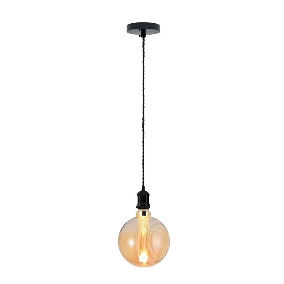 Black E27 Pendant Light Set – 1m Twisted Cable, Matt or Shiny - Shiny Black, No Shade, EG80 LED Bulb 3W