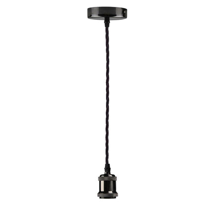 Black E27 Pendant Light Set – 1m Twisted Cable, Matt or Shiny - Shiny Black, No Shade, Without Bulb