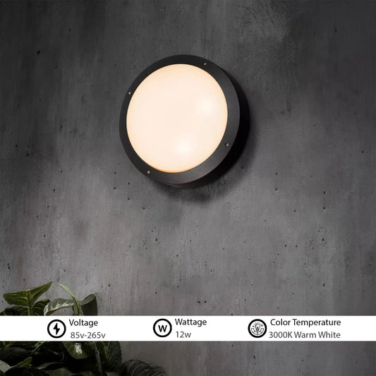 Round LED Bulkhead Light 12W IP54 – Warm White 3000K, Black
