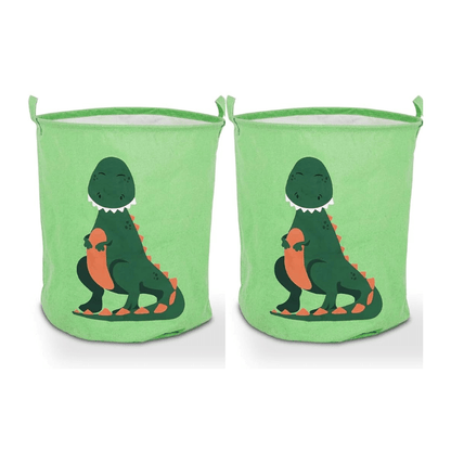 Kids' Laundry Baskets, Pack of 2 – Dinosaur, Zebra or Rainbow, Foldable Cotton - Green Dinosaur