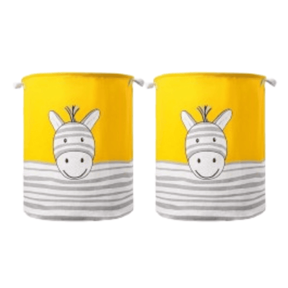 Kids' Laundry Baskets, Pack of 2 – Dinosaur, Zebra or Rainbow, Foldable Cotton - Yellow Zebra