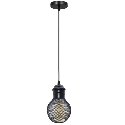Industrial Pendant Light Set – Cage, Hemp or Metal Shade, 4 Finishes - Black, Mesh Globe Cage Black, Without Bulb