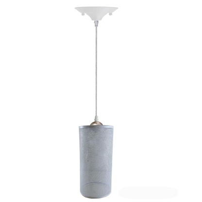 Chrome or Satin Nickel Pendant Lamp Holder Set – 95 cm Drop, E27 - Chrome, Mesh Cylinder Shade White, Without Bulb
