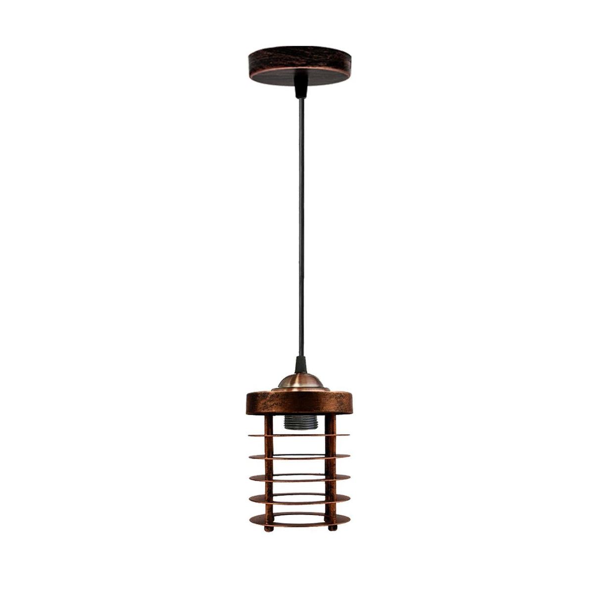 Industrial Pendant Light Set – Cage, Hemp or Metal Shade, 4 Finishes - Copper, Bulb Guard Rustic Red, Without Bulb