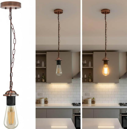 Industrial Pendant Light Set – Cage, Hemp or Metal Shade, 4 Finishes - Copper, No Shade, with Chain, Without Bulb