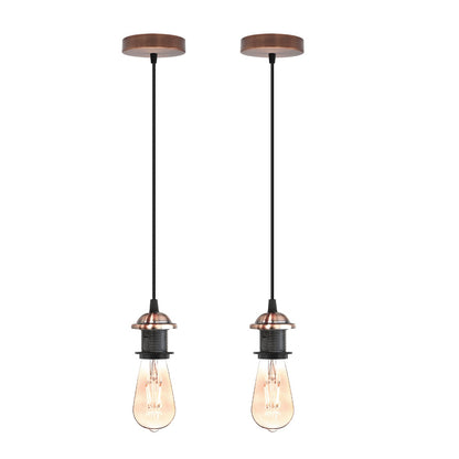 Industrial Pendant Light Set – Cage, Hemp or Metal Shade, 4 Finishes - Copper, No Shade, Pack of 2, Without Bulb