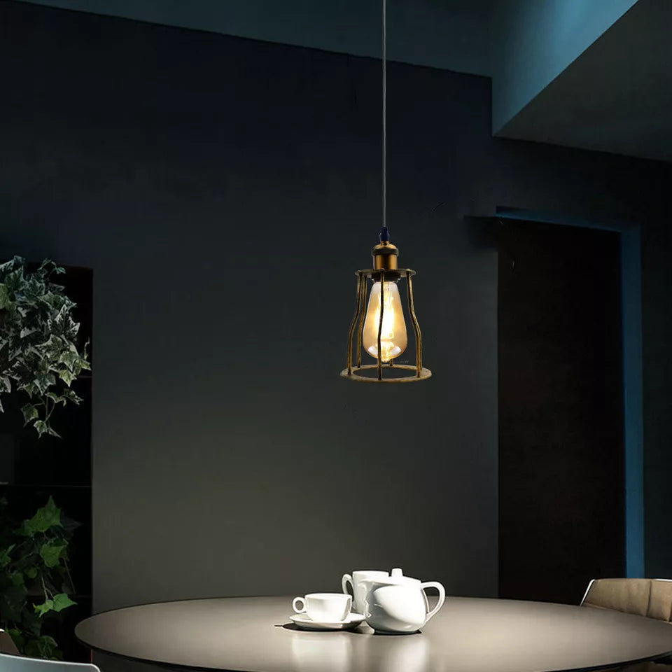 Industrial Pendant Light Set – Cage, Hemp or Metal Shade, 4 Finishes - Green Brass, Mesh Cage Brushed Copper, Without Bulb