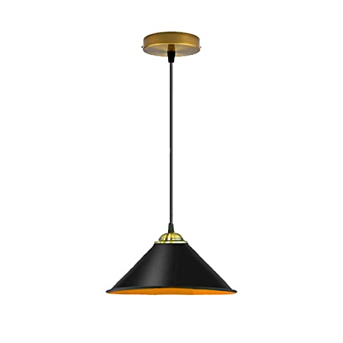 Industrial Pendant Light Set – Cage, Hemp or Metal Shade, 4 Finishes - Yellow Brass, Flat Cone 22 cm Black & Gold, Without Bulb