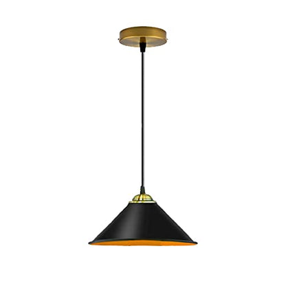 Industrial Pendant Light Set – Cage, Hemp or Metal Shade, 4 Finishes - Yellow Brass, Flat Cone 22 cm Black & Gold, Without Bulb
